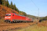 152 086-5 zieht und 151 028-8 schiebt 155 134-0 mit ihrem Kohlezug ber die Frankenwaldrampe bei Steinbach am 03.11.2014.