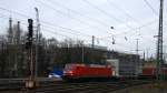 152 096-4 DB  kommt aus Richtung Köln,Aachen-Hbf,Aachen-Schanz mit einem langen Containerzug aus Verona(I) nach Genk(B) und fährt in Aachen-West ein.