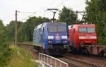 Während 152 022 am 03.07.14 Morrburg gen Harburg verlässt fährt 152 136 Lz in den Hafen um einen Containerzug abzuholen.