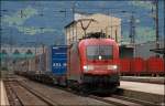 182 022 (9180 6 182 022-4 D-DB) durchfhrt mit dem  Paneuropa-Terratrans-Express  den Bahnhof Schwaz Richtung Norden. (04.07.2008)
