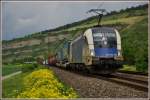 ES 64 U2- 066 (182 566)ist mit einen Aufliegerzug Richtung Süden unterwegs bei Thüngersheim am 08.05.14.