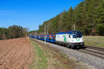 183 717 StB mit einem leeren Mildsped Autotransportzug bei Hagenbchach Richtung Nrnberg, 30.03.2021