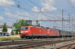 Doppeltraktion, mit den DB Loks 185 134-4 und 185 110-4, durchfahren den Bahnhof Pratteln. Die Aufnahme stammt vom 20.06.2017.