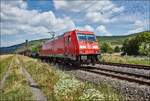 185 254-0 ist mit einen gemischten Güterzug bei Thüngersheim am 05.07.2017 unterwegs.