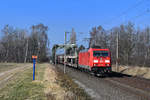 185 304 mit einem leeren Autozug am 03.03.2018 bei Woltorf.