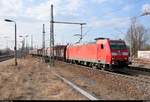 185 156-7 DB als gemischter Gz durchfährt den Bahnhof Leipzig-Thekla auf der Bahnstrecke Leipzig-Wahren–Leipzig-Engelsdorf (6369) Richtung Leipzig-Schönefeld.