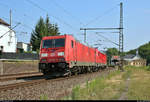 Nachschuss auf 185 385-2 DB, die mit 187 162 DB als Lokzug den Bahnhof Bad Kösen auf der Bahnstrecke Halle–Bebra (KBS 580) Richtung Naumburg(Saale)Hbf durchfährt.
[22.6.2019 | 10:20 Uhr]