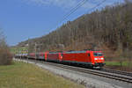Doppeltraktion, mit den DB Loks 185 132-8 und 185 114-6 fährt Richtung Bahnhof Tecknau. Die Aufnahme stammt vom 26.02.2021.