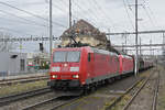Doppeltraktion, mit den DB Loks 185 126-0 und 185 099-9 durchfährt am 08.02.2024 den Bahnhof Pratteln.