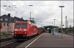 185 160 durchfhrt mit einem Stahlzug den Bahnhof Haltern am See. (04.10.2008)