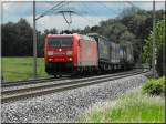 185-181 mit einem Containerzug in der Nhe von Ansbach.(Strecke Wrzburg-Treuchtlingen,30.05.2009)