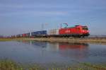 Eine 185 spiegelt sich an einer kleinen berschwemmung.Leider hat der Wind keine saubere Spieglung des Zuges ermglicht.(bei Treuchtlingen,03.03.2010)