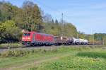 185 403 von Green Cargo ist auf der Filsbahn mit einem gem.GZ Richtung Kornwestheim unterwgs.Aufgenommen bei Reichenbach an der Fils am 20.10.2012.