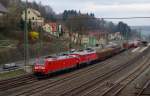 185 177 + 232 117 mit gemischten Güterzug am 22.03.2014 in Kronach Richtung Lichtenfels. 