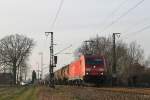 185 281-3 mit einem Güterzug in die Richting Rheine bei Salzbergen am 14-3-2014.