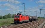 Mit nur drei Kesselwagen am Haken fuhr 185 146 am 10.05.15 durch Rodleben Richtung Magdeburg.