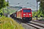 185 295-3 mit einen gemischten Güterzug zu sehen am 16.07.15 in Gambach.