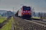 185 180-7 ist am 09.03.16 mit einen gemischten Güterzug in Richtung Benra bei Hünfeld unterwegs.
