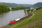 Am 12. Mai 2015 beförderte 185 149 den GC 61004 von Millingen nach Ludwigshafen BASF Gbf., einen Ganzzug mit chemischen Produkten. In den Weinbergen im Bächergrund konnte die Leistung mit Blick auf den Lorcher Werth, eine baumbestandene Binneninsel des Rheins, umgesetzt werden.