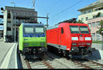 Re 485 014-5 der BLS Cargo AG (BLSC) und 185 129-4 DB sind im Bahnhof Spiez (CH) abgestellt.
[24.7.2019 | 15:07 Uhr]
