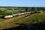 Gefreut habe ich mich am 13. Juli 2017, als überraschend die 185 589 von RheinCargo mit einem leeren Kesselwagenzug vom Münchner Flughafen die Fotostelle bei Fahlenbach passierte. Diese Lok ist in meinen Augen einer der am besten gelungensten Werbeloks, die aktuell auf deutschen Schienen verkehrt. Sie erinnert an 500 Jahre Reformation. Selbige wird auf 1517 datiert, als Martin Luther seine 95 Thesen an die Tür der Schlosskirche zu Wittenberg geschlagen haben soll. Auch im katholischen Oberbayern ist die Lok ein  Hingucker .