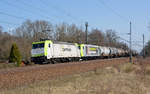 185 580 schleppte zusammen mit 185 548 einen Kesselwagenzug am 08.04.18 durch Burgkemnitz Richtung Bitterfeld.