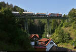 185 640-0  Rübeland  am Schluss des Buna-Kalkzugs mit Zuglok 185 641-8  Blankenburg  Richtung Rübeland/Hornberg auf dem 30 Meter hohen Kreuztalviadukt – auch Krocksteinviadukt genannt.

🧰 Havelländische Eisenbahn AG (HVLE)
🚩 Bahnstrecke Blankenburg (Harz)–Tanne (Rübelandbahn | 6864)
🕓 4.9.2021 | 15:20 Uhr