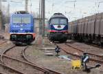 Am 15.03.2014 war ein kleines Raildoxtreffen in Gößnitz , links steht die 185 409-0 und rechts steht der Raildoxrusse 232 103-2, Sie waren für die Beförderung der Sandzüge