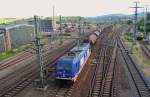 185 409 Raildox zusehen am 07.06.14 bei der Ausfahrt in Saalfeld. Foto entstand von der Straßenbrücke.