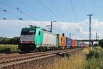 Mit einem Containerzug nach Antwerpen fuhr am 05.07.2017 die ATLU/XRAIL E 186 349-7 bei Müllheim (Baden) über die KBS 703 durchs Rheintal in Richtung Buggingen.