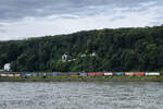 Die Elektrolokomotive 186 457 ist mit einem Containerzug auf der linken Rheinseite bei Remagen unterwegs.