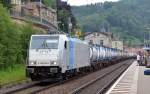 186 289 fuhr am 05.07.13 mit einem Metrans-Containerzug durch Knigstein Richtung Decin.