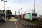 186 123 von Railtraxx steht in Aachen-West mit einem langen Containerzug aus Genk-Goederen(B) nach Frankfurt-Höchstadt/am Main und wartet auf die Abfahrt nach Köln. Aufgenommen vom Bahnsteig in Aachen-West bei  schönem Sonnenschein am Abend vom 29.8.2014.