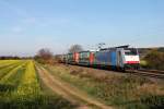 Am 31.10.2014 fuhr Railpool/Lokomotion/BLS Cargo 186 102 mit einem Wetron-KLV bei Hügelheim an einem Feld mit gelben Blumen in Richtung Schweizer Grenze vorbei.