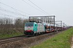 Aus Deutschland kommend zieht Cobra-Lok 2841 (186 233) einen langen Autozug gen Hasselt. Die Aufnahme entstand am 02/04/2016 in Hoeselt.