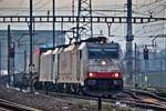 186 904 und die 186 907 fahren im letzten Tageslicht mit einem LKW Walter Sattelaufliegerzug durch den Bahnhof Pratteln.Bild vom 5.12.2016