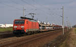 Eher selten sind Loks der BR 189 an den Autozügen Richtung Nordsee in Mitteldeutschland anzutreffen. Am 25.02.17 schleppte 189 014 einen Skoda-Autozug durch Rodleben Richtung Magdeburg.