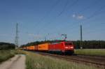 189 008-6 mit einem Containerzug in Richtung Magdeburg. Fotografiert am 07.06.2014 in Angern-Rogätz. 
