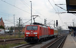 189 062 überführte am 09.04.16 187 106 sowie einen Messwagen durch Delitzsch Richtung Bitterfeld.