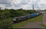 Containerzug mit 189 208-2 (Siemens ES64F4-208) passiert die Zugbildungsanlage (ZBA) Halle (Saale) in nördlicher Richtung.