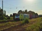 Dispo 189 989NC mit einem Containerzug im Gegenlicht in Rommerskirchen erwischt.Auf dem Nebengleis stand die Gravita 261 108 mit einem Selbstenladewagenzug, leider war ich fr ein Foto von ihr zu spt dort. 16.8.2013