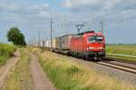 Wegen Bauarbeiten in Neustrelitz wurden die KLV-Züge von und nach Rostock statt über Berlin über Magdeburg umgeleitet. Hier rollt 193 319 mit einem Schenker-KLV am 13.06.21 durch Braschwitz Richtung Halle(S).