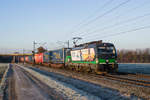 Die LTE 193 263 durchfährt am frühen Morgen des 05.12.2019 mit einem Güterzug die kleine Ortschaft Lindhorst in Richtung Hannover.