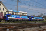 Doppeltraktion, mit den Siemens Vectron 193 519-6 und 193 526-1 durchfährt den Bahnhof Pratteln. Die Aufnahme stammt vom 09.04.2020.