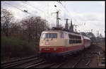 103221 fährt hier mit dem EC 108 Theresia nach Berlin am 25.3.1993 um 14.05 Uhr in den Bahnhof Köln Deutz ein.