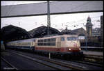 Hagen HBF am 7.12.1989: Um 9.14 Uhr steht 103183 mit dem IC 621 Bachus nach München am Bahnsteig.