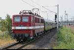 109 030-7 (DR 211 030-2) der Eisenbahngesellschaft Potsdam mbH (EGP) als SDZ 32503  Störtebeker-Express  von Saalfeld(Saale) nach Bergen auf Rügen erreicht den Bahnhof Bitterfeld auf Gleis 1.
[21.7.2018 | 9:54 Uhr]