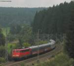 110 420-7 (wohl die erste Bgelaflte seit Ende 2006)mit ihrem Sonderzug  von St.Anton (A) nach Trier am km 69,0 14.9.08.
