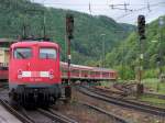 Die Br.110 418-1 fuhr am 09.05.07 aus dem Bahnhof Geislingen/Steige hinaus. Dieser Zug wurde nach kleineren Rangierarbeiten abgestellt.