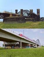 Ein Blick von der Neusser Seite auf die Hammer Brücke, die zwischen Düsseldorf und Neuss über den Rhein führt: Oben wird die nördliche Brücke um 1982 von einer 110.3 mit einem Eilzug überquert, im Vordergrund die Reste der südlichen Brücke, die nach dem 2. Weltkrieg nicht wieder aufgebaut wurde. Darunter befährt ein 1 440-Doppel mit einer S 8 am 25.05.2023 den 1987 in Betrieb genommenen viergleisigen Neubau. 